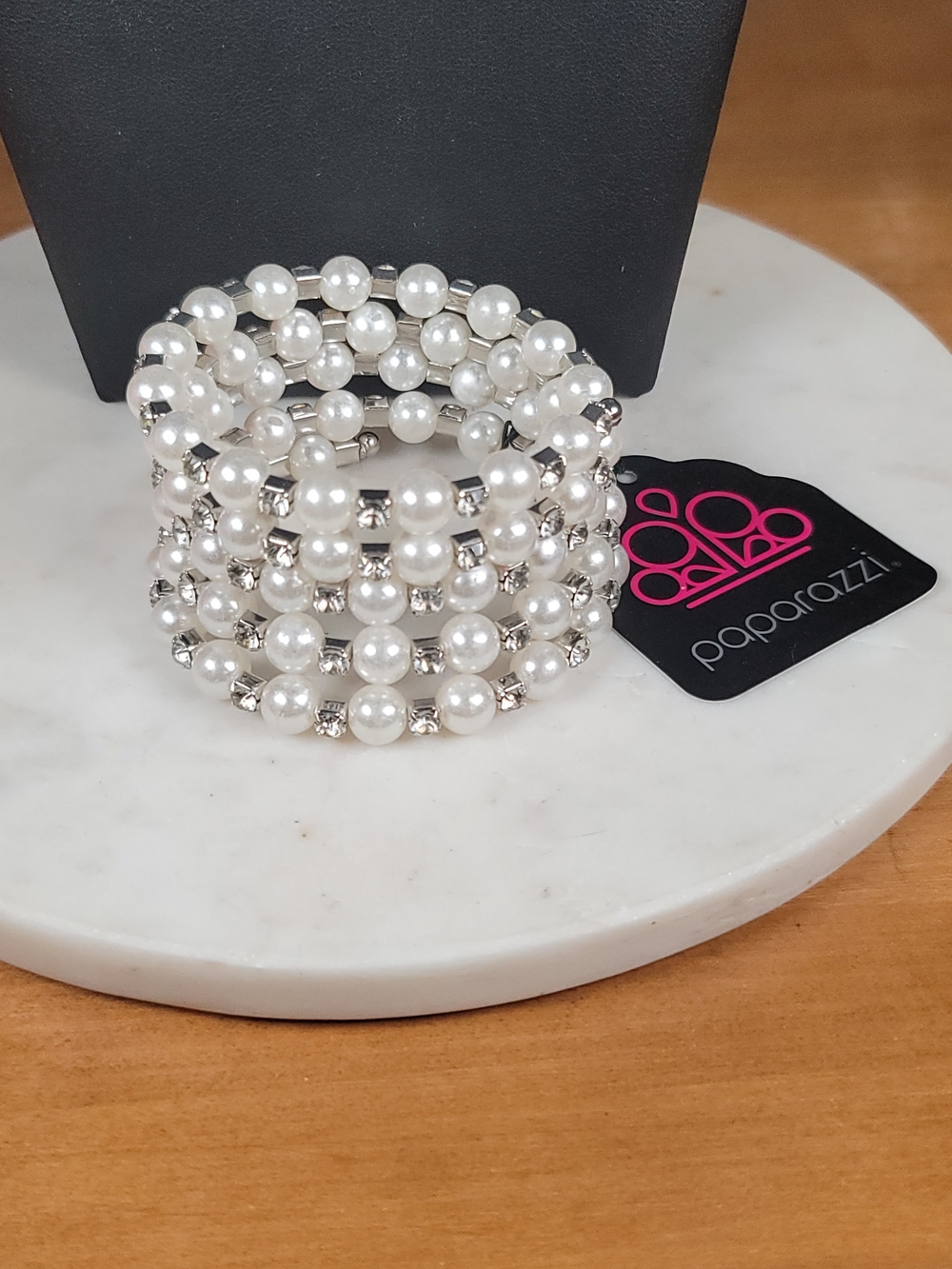 paparazzi White Pearl & Rhinestone Coil Bracelet